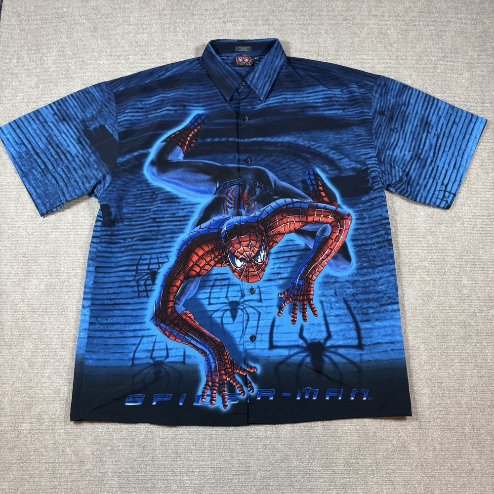 Vintage 2002 Spider-Man Movie Promo‎ Button Up Shirt Mens XL Blue All Over Print